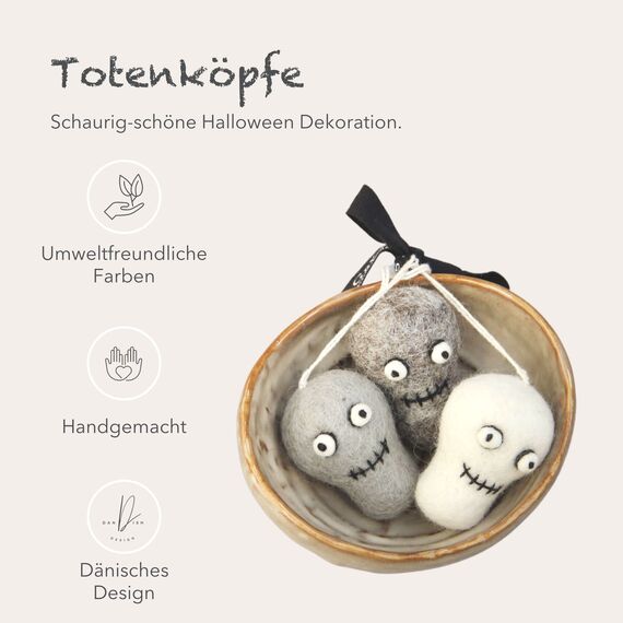 Gry & SIF handgemachte Totenkopf-Anhänger aus Filz | Halloween Deko Innen zum Aufhängen, Herbstdeko, Hängedeko Halloween, Halloweenanhänger | Totenköpfe 3er Set