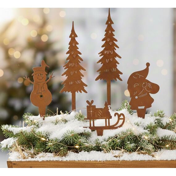 LB H&F Lilienburg 5er Set Gartenstecker Schneemann Schlitten Roststecker Tannenbaum Santa rost Winterdeko Weihnachtsdeko edelrost deko Weihnachten Dekoration Metall klein