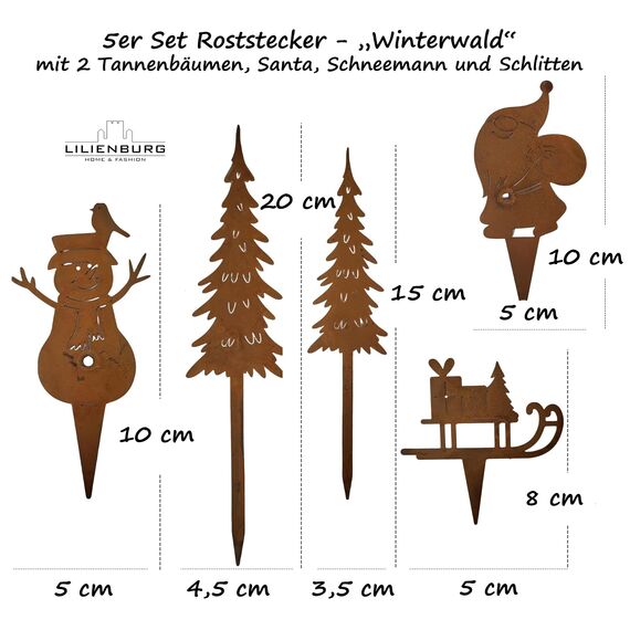 LB H&F Lilienburg 5er Set Gartenstecker Schneemann Schlitten Roststecker Tannenbaum Santa rost Winterdeko Weihnachtsdeko edelrost deko Weihnachten Dekoration Metall klein