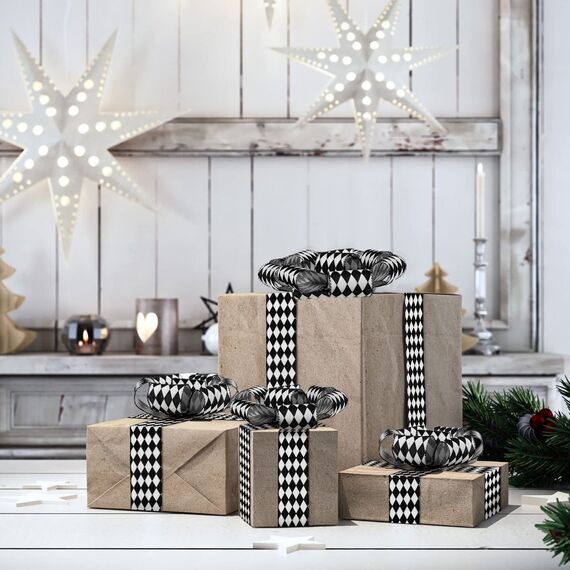 2 Rollen Weihnachten Kariertes Band Schwarz und Weiß Kariert Band Diamant Karo Drahtkante Band Diamant Muster Dekorative Bänder für Weihnachten Herbst Baum Wrapping DIY Handwerk (4,8 cm)