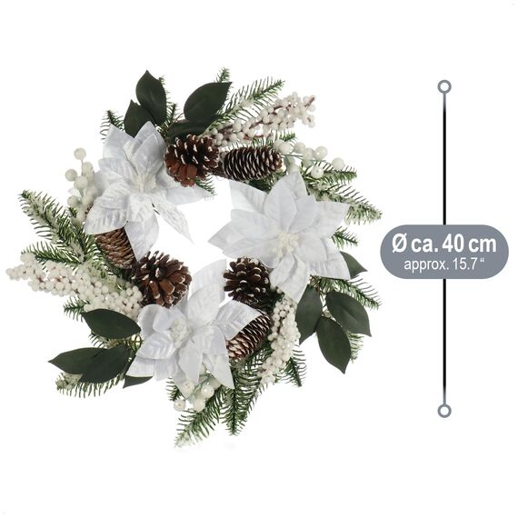 COM-FOUR® Türkranz Weihnachten - Adventskranz mit großen Blüten und Glitzer - Dekokranz Herbst - Weihnachtsdeko - Tischkranz - Weihnachtskranz