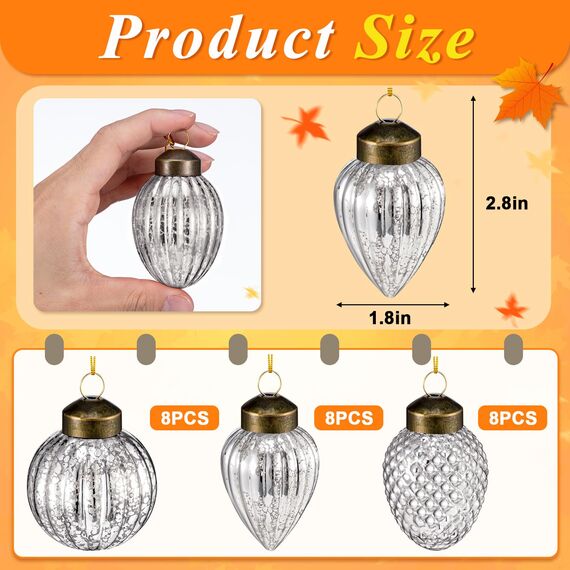 Deekin Mini-Baumschmuck-Set aus Glas, Herbst-Ornamente, Sortiert, Mini-Glaskugel-Dekorationen für kleine Weihnachtsbaumdekorationen mit Schlaufe, 3 Stile (Silber), 24 Stück