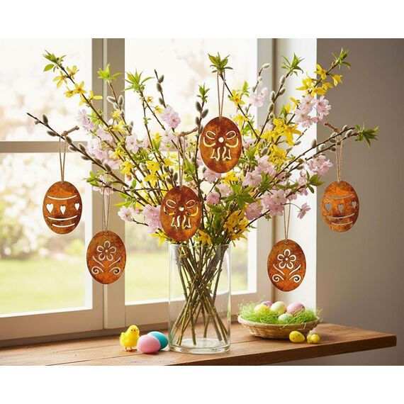 LB H&F 6er Set Osterei Anhänger Ostereier Rost Ostern Deko Metall zum Hängen
