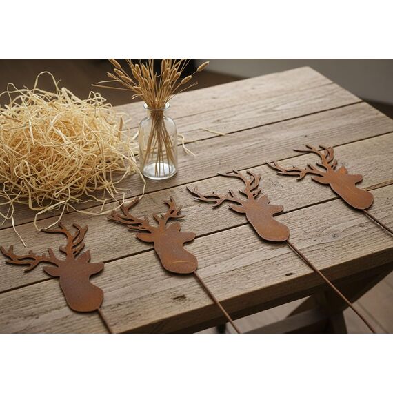 LB H&F Lilienburg 4er Set Hirsch Geweih Gartenstecker rost Hirschkopf Weihnachtsdeko Rosthirsch edelrost deko Metall (4er Set Hirsch)