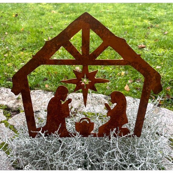 LB H&F Lilienburg Rostkrippe Gartenstecker Krippe Gartenstecker Weihnachtskrippe Winterdeko Weihnachtsdeko edelrost deko Weihnachten Dekoration Weihnachtsdeko Metall (Krippe)