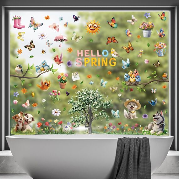 Moxled 9 Blatt Fensterbilder Frühling Selbstklebend - Fensterdeko Frühling Fenstersticker Kleintiere Hund Schmetterlinge Vögel Blumen Fensteraufkleber Wiederverwendbare für Kinderzimmer Sommer Deko