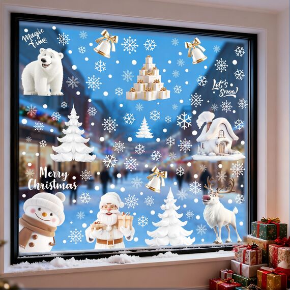 Moxled Fensterbilder Weihnachten Selbstklebend, 156 Weiß Fensterdeko Weihnachten, Wiederverwendbar Statisch Haftende PVC Aufkleber für Fenster Tür Winter Schneeflocken Weihnachtsdeko