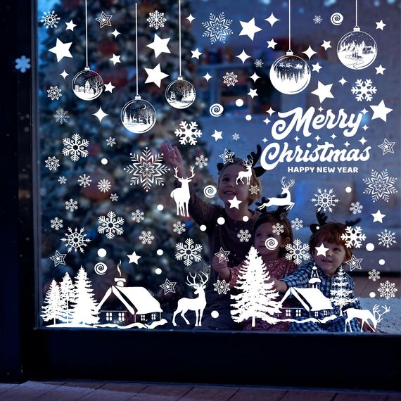 179 Fensterbilder Weihnachten Selbstklebend, Moxled Weiß Fensterdeko Weihnachten, Wiederverwendbar Statisch Haftende PVC Aufkleber für Fenster Tür Winter Schneeflocken Weihnachtsdeko
