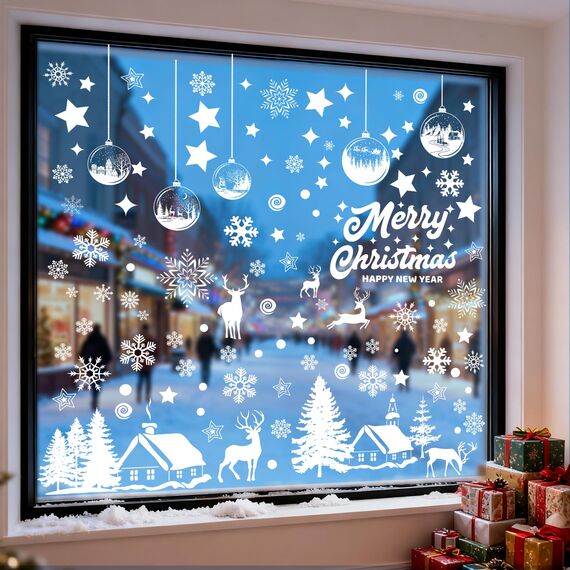 179 Fensterbilder Weihnachten Selbstklebend, Moxled Weiß Fensterdeko Weihnachten, Wiederverwendbar Statisch Haftende PVC Aufkleber für Fenster Tür Winter Schneeflocken Weihnachtsdeko