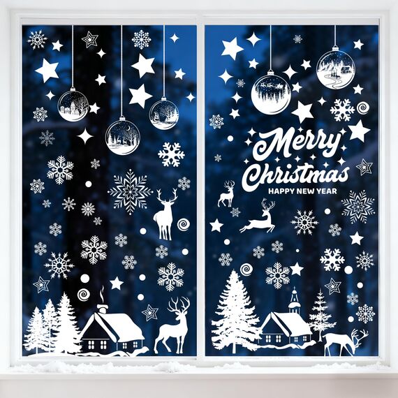 179 Fensterbilder Weihnachten Selbstklebend, Moxled Weiß Fensterdeko Weihnachten, Wiederverwendbar Statisch Haftende PVC Aufkleber für Fenster Tür Winter Schneeflocken Weihnachtsdeko