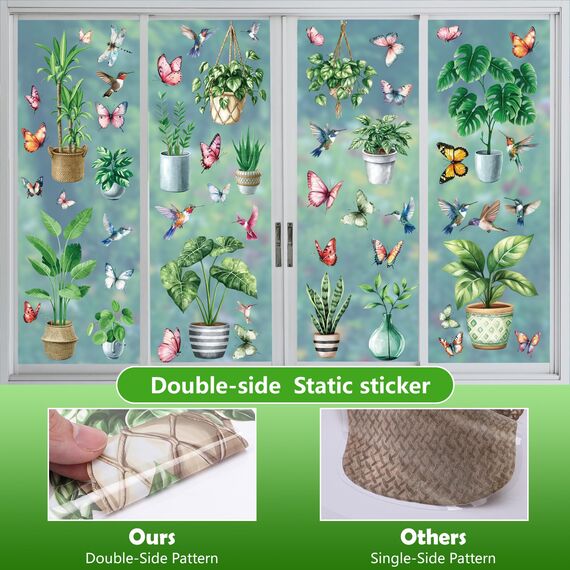 Moxled 9 Blatt Fensterbilder Frühling Topfpflanze Selbstklebend - Fensterdeko Frühling Fenstersticker Hängend Pflanzen Schmetterlinge Vögel Fensteraufkleber Wiederverwendbare für Kinderzimmer Deko