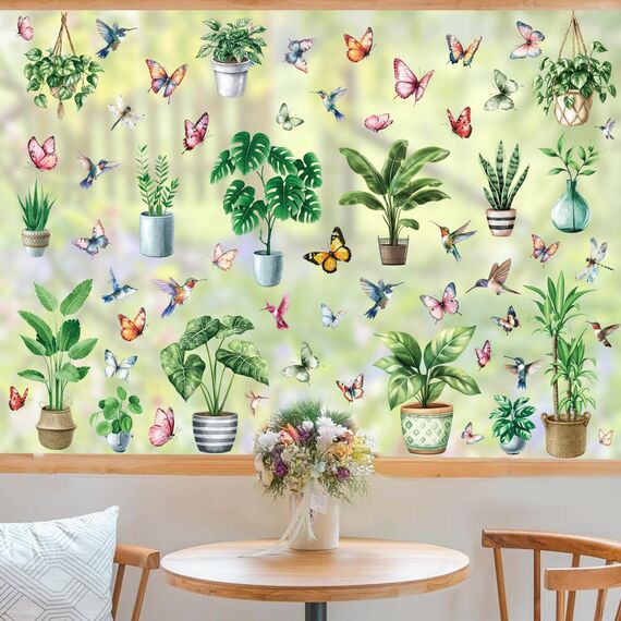 Moxled 9 Blatt Fensterbilder Frühling Topfpflanze Selbstklebend - Fensterdeko Frühling Fenstersticker Hängend Pflanzen Schmetterlinge Vögel Fensteraufkleber Wiederverwendbare für Kinderzimmer Deko