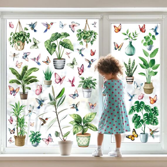 Moxled 9 Blatt Fensterbilder Frühling Topfpflanze Selbstklebend - Fensterdeko Frühling Fenstersticker Hängend Pflanzen Schmetterlinge Vögel Fensteraufkleber Wiederverwendbare für Kinderzimmer Deko