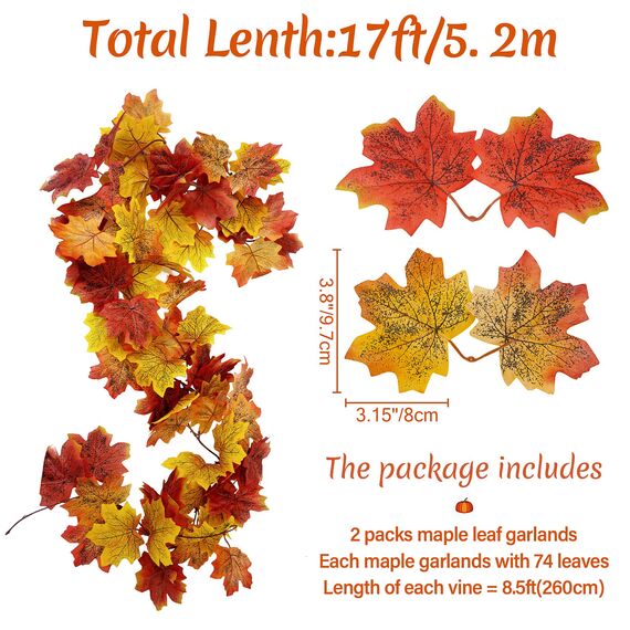 ADORAMOUR Künstliche Herbst Ahorn Blätter Girlande - 2er 260 cm Länge Hängende Herbst laubranken Dekoration, Realistischer Herbstlaubkranz-Dekor für Raum und Gartenwand ästhetische Innen und Außen