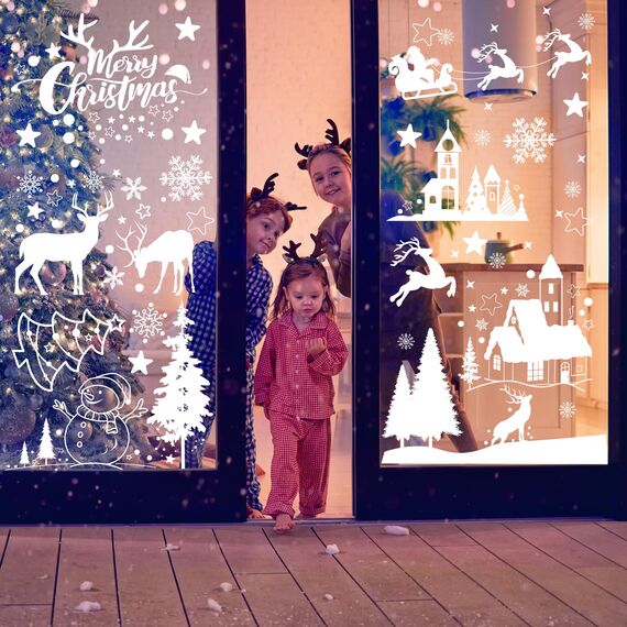 Moxled Fensterbilder Weihnachten Selbstklebend, 148 Weiß Fensterdeko Weihnachten, Wiederverwendbar Statisch Haftende PVC Aufkleber für Fenster Tür Winter Schneeflocken Weihnachtsdeko