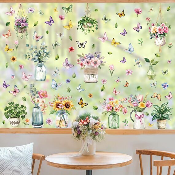 Moxled 9 Blatt Fensterbilder Frühling Blumen Selbstklebend - Fensterdeko Frühling Fenstersticker Topfpflanze Hängend Pflanzen Schmetterlinge Fensteraufkleber Wiederverwendbare für Kinderzimmer Deko