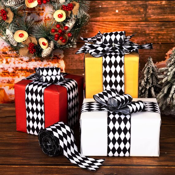 2 Rollen Weihnachten Kariertes Band Schwarz und Weiß Kariert Band Diamant Karo Drahtkante Band Diamant Muster Dekorative Bänder für Weihnachten Herbst Baum Wrapping DIY Handwerk (4,8 cm)