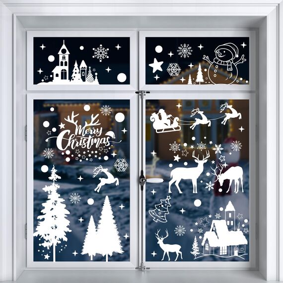 Moxled Fensterbilder Weihnachten Selbstklebend, 148 Weiß Fensterdeko Weihnachten, Wiederverwendbar Statisch Haftende PVC Aufkleber für Fenster Tür Winter Schneeflocken Weihnachtsdeko