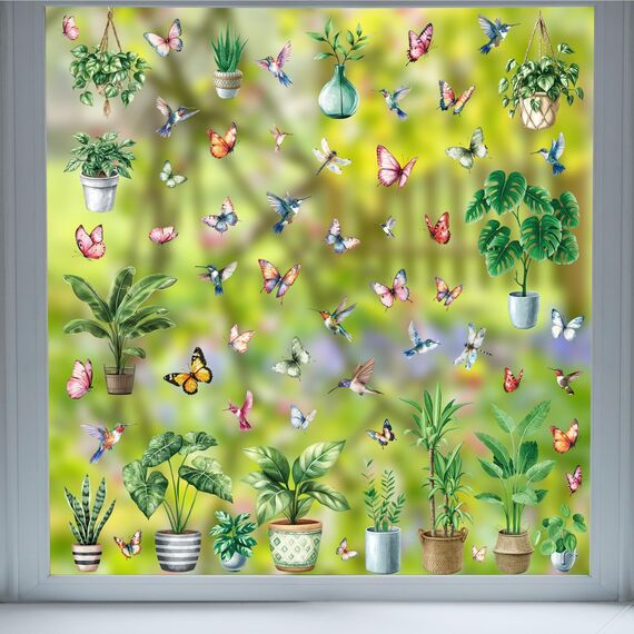 Moxled 9 Blatt Fensterbilder Frühling Topfpflanze Selbstklebend - Fensterdeko Frühling Fenstersticker Hängend Pflanzen Schmetterlinge Vögel Fensteraufkleber Wiederverwendbare für Kinderzimmer Deko