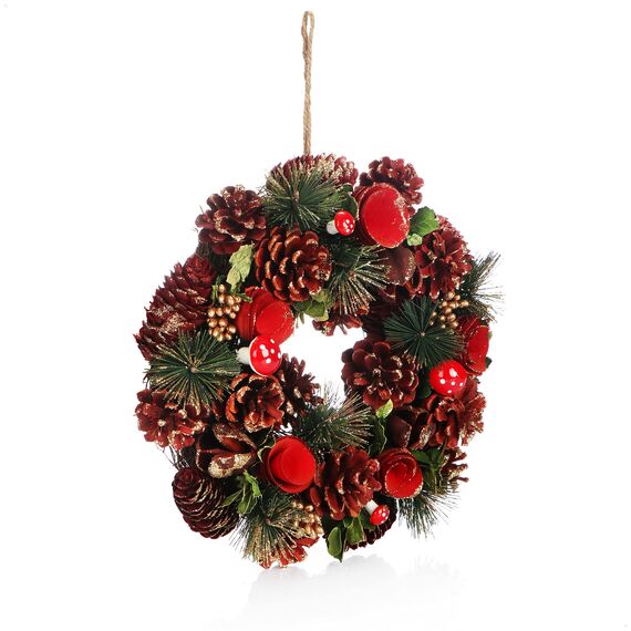 COM-FOUR® Türkranz Weihnachten - Adventskranz mit roten Blumen und Fliegenpilzen - Deko- und Tischkranz für Herbst und Weihnachten - liebevolle Handarbeit (Adventskranz rote Blume - L)