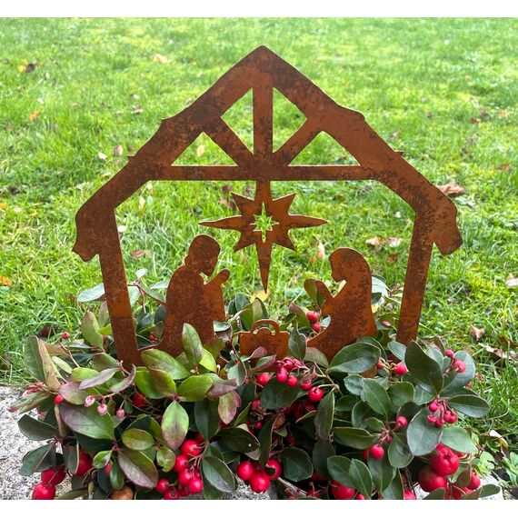 LB H&F Lilienburg Rostkrippe Gartenstecker Krippe Gartenstecker Weihnachtskrippe Winterdeko Weihnachtsdeko edelrost deko Weihnachten Dekoration Weihnachtsdeko Metall (Krippe)