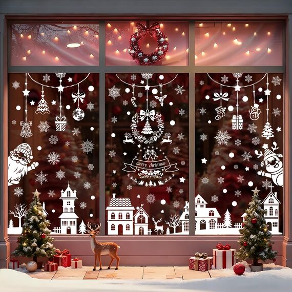 Moxled Fensterbilder Weihnachten Selbstklebend, 121 Weiß Fensterdeko Weihnachten, Wiederverwendbar Statisch Haftende PVC Aufkleber für Fenster Tür Winter Schneeflocken Weihnachtsdeko