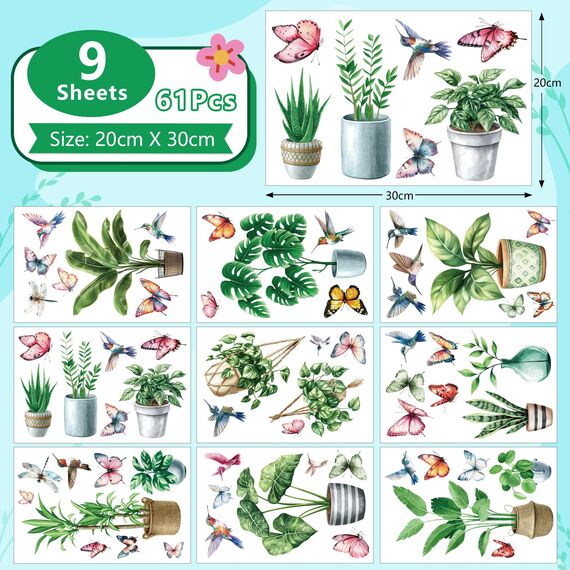 Moxled 9 Blatt Fensterbilder Frühling Topfpflanze Selbstklebend - Fensterdeko Frühling Fenstersticker Hängend Pflanzen Schmetterlinge Vögel Fensteraufkleber Wiederverwendbare für Kinderzimmer Deko