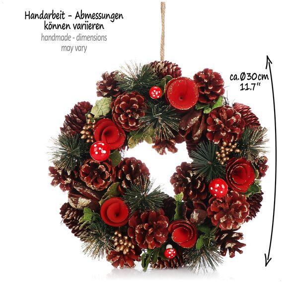 COM-FOUR® Türkranz Weihnachten - Adventskranz mit roten Blumen und Fliegenpilzen - Deko- und Tischkranz für Herbst und Weihnachten - liebevolle Handarbeit (Adventskranz rote Blume - L)