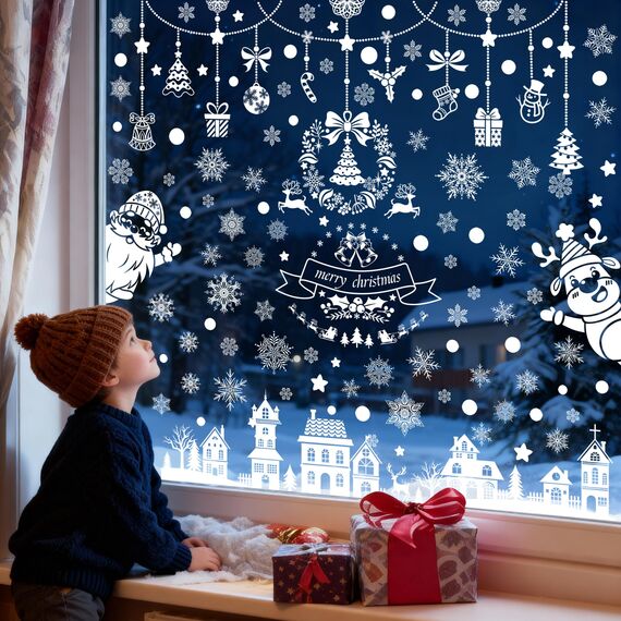 Moxled Fensterbilder Weihnachten Selbstklebend, 121 Weiß Fensterdeko Weihnachten, Wiederverwendbar Statisch Haftende PVC Aufkleber für Fenster Tür Winter Schneeflocken Weihnachtsdeko