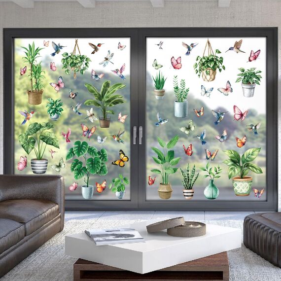 Moxled 9 Blatt Fensterbilder Frühling Topfpflanze Selbstklebend - Fensterdeko Frühling Fenstersticker Hängend Pflanzen Schmetterlinge Vögel Fensteraufkleber Wiederverwendbare für Kinderzimmer Deko