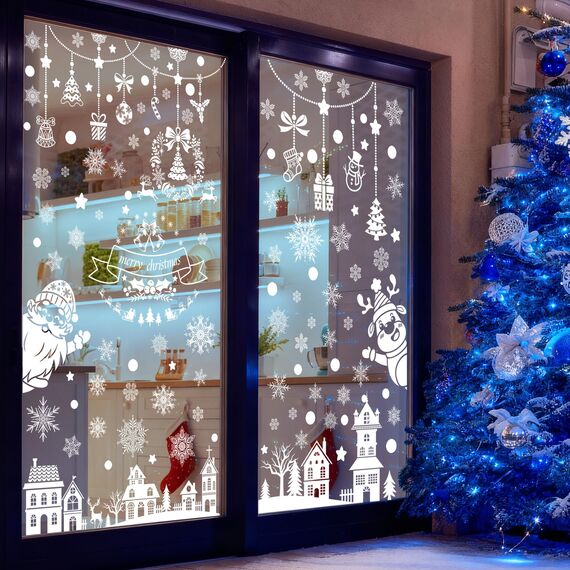 Moxled Fensterbilder Weihnachten Selbstklebend, 121 Weiß Fensterdeko Weihnachten, Wiederverwendbar Statisch Haftende PVC Aufkleber für Fenster Tür Winter Schneeflocken Weihnachtsdeko