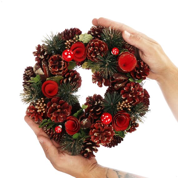 COM-FOUR® Türkranz Weihnachten - Adventskranz mit roten Blumen und Fliegenpilzen - Deko- und Tischkranz für Herbst und Weihnachten - liebevolle Handarbeit (Adventskranz rote Blume - L)