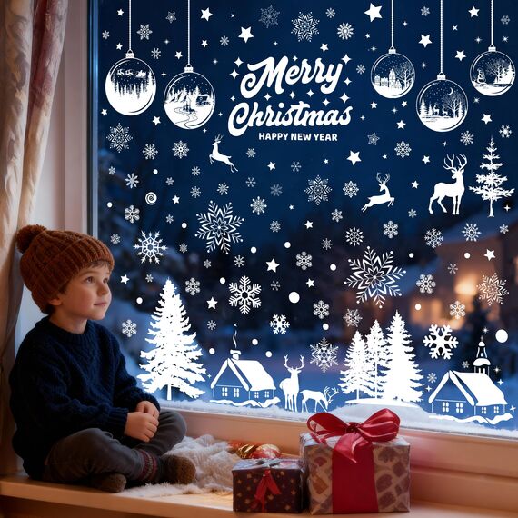 179 Fensterbilder Weihnachten Selbstklebend, Moxled Weiß Fensterdeko Weihnachten, Wiederverwendbar Statisch Haftende PVC Aufkleber für Fenster Tür Winter Schneeflocken Weihnachtsdeko