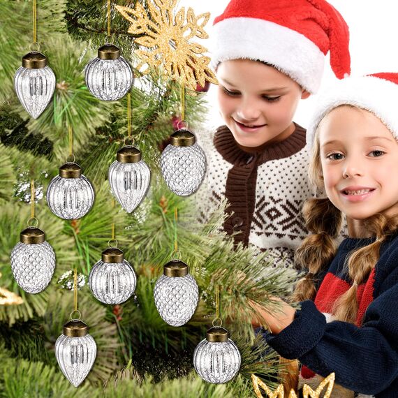 Deekin Mini-Baumschmuck-Set aus Glas, Herbst-Ornamente, Sortiert, Mini-Glaskugel-Dekorationen für kleine Weihnachtsbaumdekorationen mit Schlaufe, 3 Stile (Silber), 24 Stück
