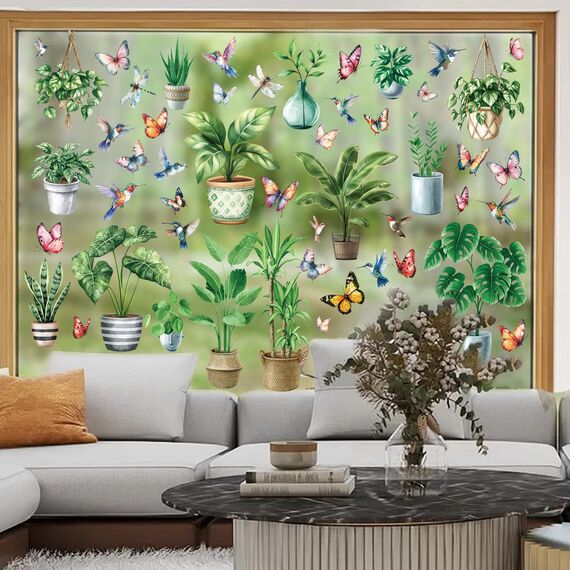 Moxled 9 Blatt Fensterbilder Frühling Topfpflanze Selbstklebend - Fensterdeko Frühling Fenstersticker Hängend Pflanzen Schmetterlinge Vögel Fensteraufkleber Wiederverwendbare für Kinderzimmer Deko