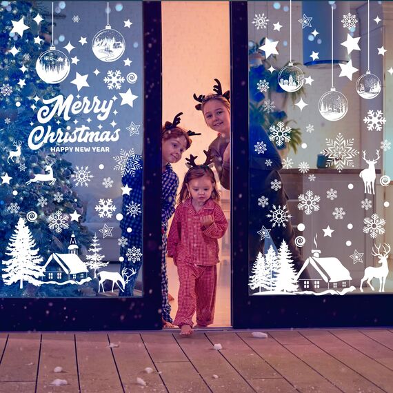 179 Fensterbilder Weihnachten Selbstklebend, Moxled Weiß Fensterdeko Weihnachten, Wiederverwendbar Statisch Haftende PVC Aufkleber für Fenster Tür Winter Schneeflocken Weihnachtsdeko