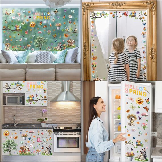 Moxled 9 Blatt Fensterbilder Frühling Selbstklebend - Fensterdeko Frühling Fenstersticker Kleintiere Hund Schmetterlinge Vögel Blumen Fensteraufkleber Wiederverwendbare für Kinderzimmer Sommer Deko
