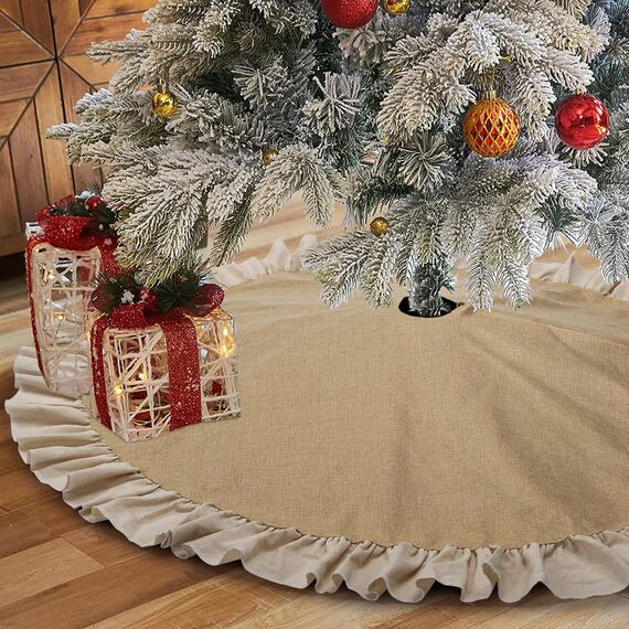 120cm Weihnachtsbaum Decke Jute, Tannenbaum Decke mit Rüschen, Rustikal Sackleinen Weihnachtsbaum Rock, Christbaumdecke für Winter Herbst Party Thanksgiving Neujahr Holiday Weihnachtsdekoration