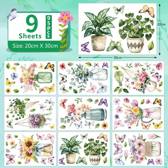 Moxled 9 Blatt Fensterbilder Frühling Blumen Selbstklebend - Fensterdeko Frühling Fenstersticker Topfpflanze Hängend Pflanzen Schmetterlinge Fensteraufkleber Wiederverwendbare für Kinderzimmer Deko