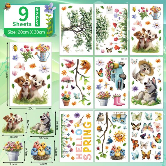 Moxled 9 Blatt Fensterbilder Frühling Selbstklebend - Fensterdeko Frühling Fenstersticker Kleintiere Hund Schmetterlinge Vögel Blumen Fensteraufkleber Wiederverwendbare für Kinderzimmer Sommer Deko