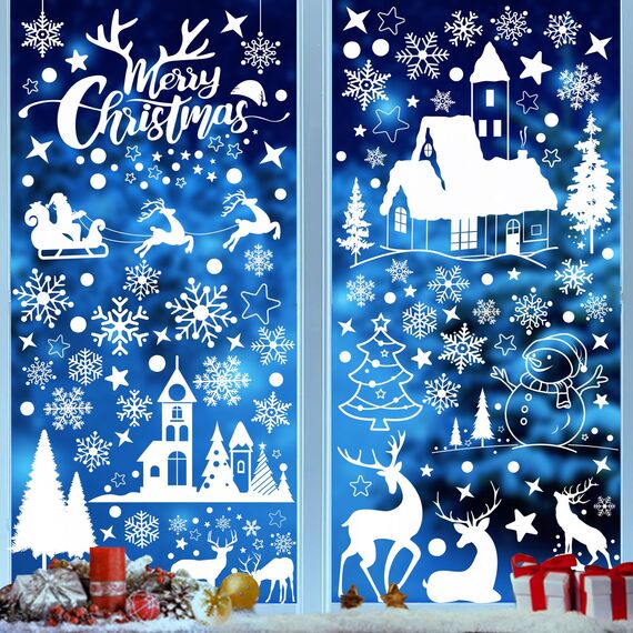 Moxled Fensterbilder Weihnachten Selbstklebend, 148 Weiß Fensterdeko Weihnachten, Wiederverwendbar Statisch Haftende PVC Aufkleber für Fenster Tür Winter Schneeflocken Weihnachtsdeko
