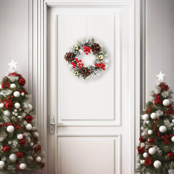 COM-FOUR® 2X Tischkranz Weihnachten - Adventskranz mit Pinienzapfen, Beeren und Kunstschnee - Dekokranz - Weihnachtsdeko - Weihnachtskranz