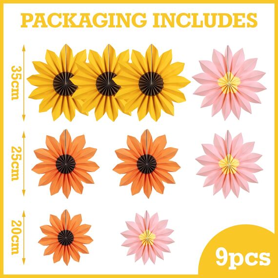 SUNBEAUTY 9 Stück Sonnenblumen Papierfächer Rosa Party Dekoration Seidenpapier Fächer Orange Hängende Girlande für Geburtstag Hochzeit Tischdeko Abschluss Party Deko