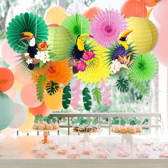 SUNBEAUTY Hawaii Party Deko Sommer Party Dekorationen Gartenparty Geburtstagsdeko Tropische Vogel Grün Blatt Girlande Papier Laternen für Tropische Sommer Beach Party Deko