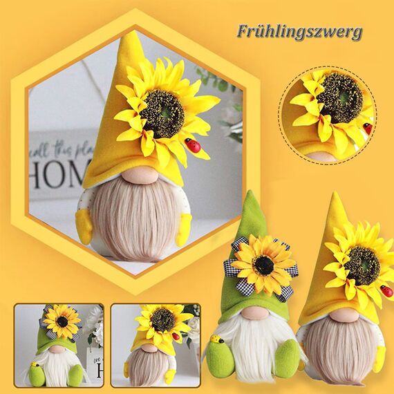 ENLACE Frühling Sonnenblume Biene Wichtel, Handgefertigte Gefüllte Gesichtslose Puppe Zwerg Dekorationen Frühlingsdeko, Sonnenblume Deko für Home Farmhouse Kitchen Decor, 2 Stück