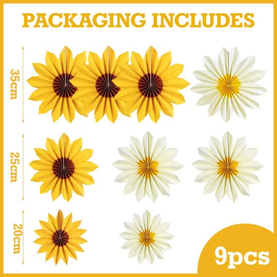 SUNBEAUTY 9 Stück Sonnenblumen Papierfächer Party Dekoration Gelb Seidenpapier Fächer Beige Hängende Girlande für Geburtstag Hochzeit Tischdeko Abschluss Party Deko