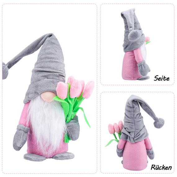 ENLACE Frühling Wichtel mit Tulpen Blumensträuße, Muttertag Wichtel, Handgefertigte Frühlingsdeko Puppe Zwerg Dekorationen, für Freundin Mama Hochzeitstag Muttertag, 2 Stück