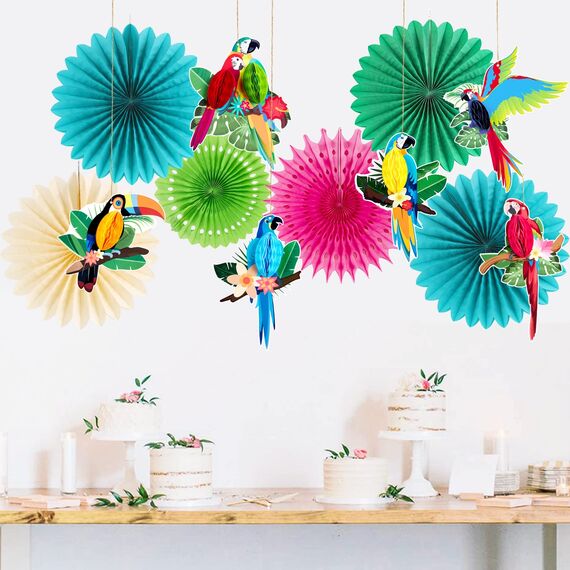 Sunbeauty 12 Stück Hawaii Party Deko Enthält 6 x Papier Fächer, 6 x Tropische Vogeldekoration, Hängende Girlande Papierfächer und Papagei Wabenbälle für Sommerdeko, Hawaii Deko, Dschungel Deko