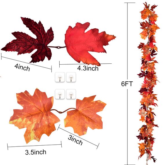 Artiflr 2 Stück Herbst-Ahornblatt-Girlande, künstliche Ahorn-Girlande, Herbst-hängende Herbst-Blätter-Ranken für drinnen und draußen, Hochzeit, Thanksgiving, Abendessen, Party-Dekoration
