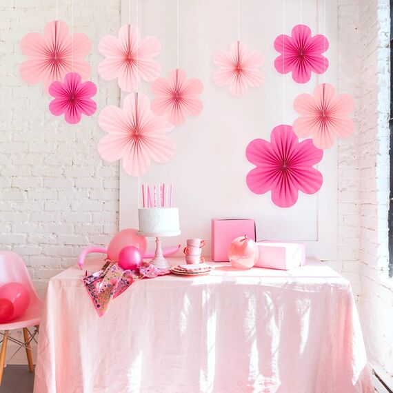 SUNBEAUTY 9 Stück Papier Fächer Dekoration Papierblumen zum Aufhängen Rosa Blumen Papier Party Deko Set für Hochzeit Geburtstagsdeko Tischdeko Baby Shower Frühling Sommer Deko